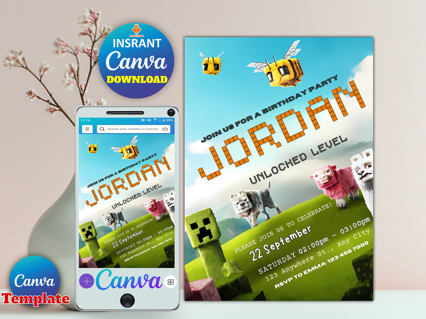 Minecraft Unlocked Level Theme Birthday Invitation Canva Template