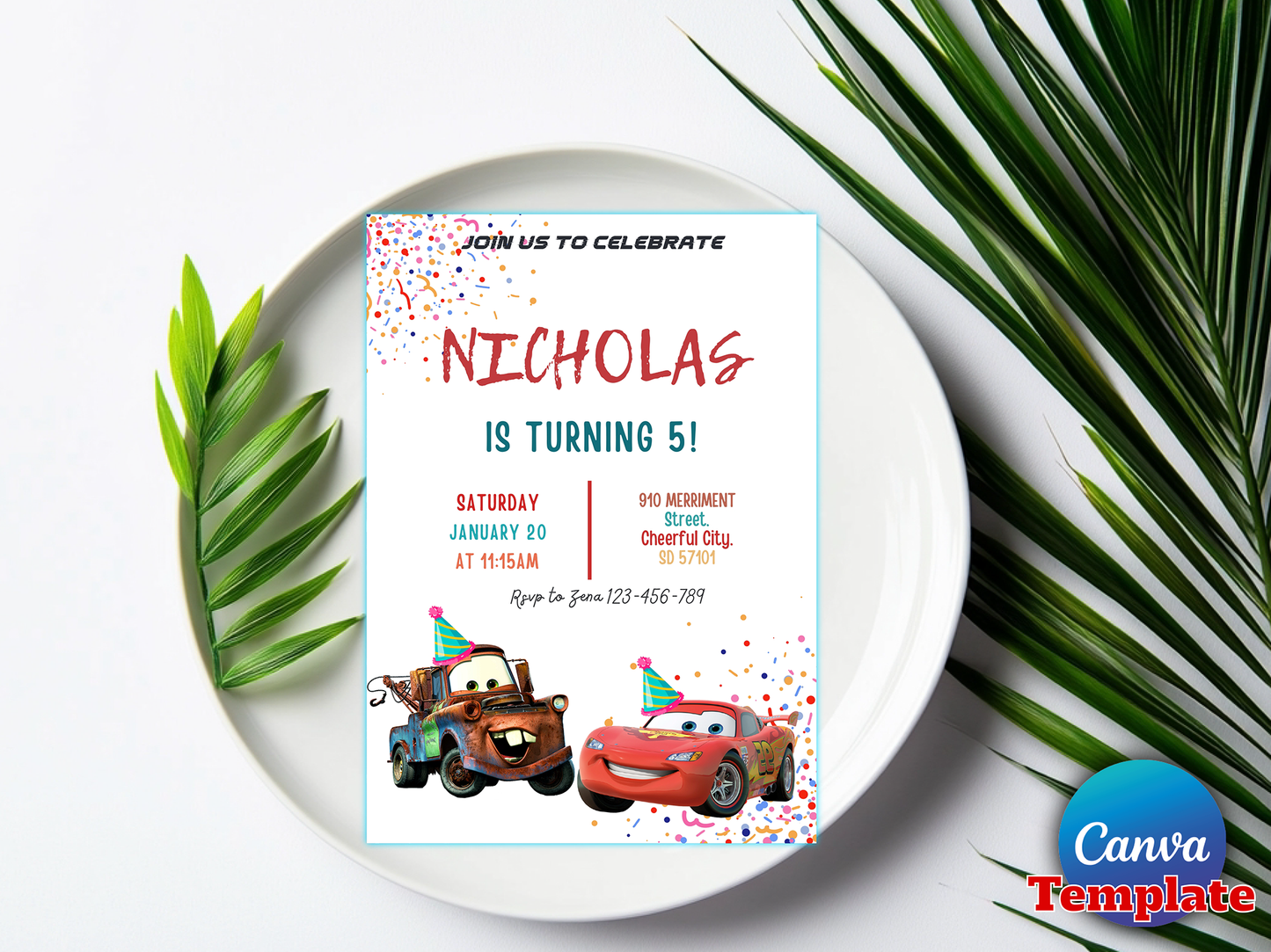 Disney Cars Theme 5th Birthday Invitation Canva Template Printable