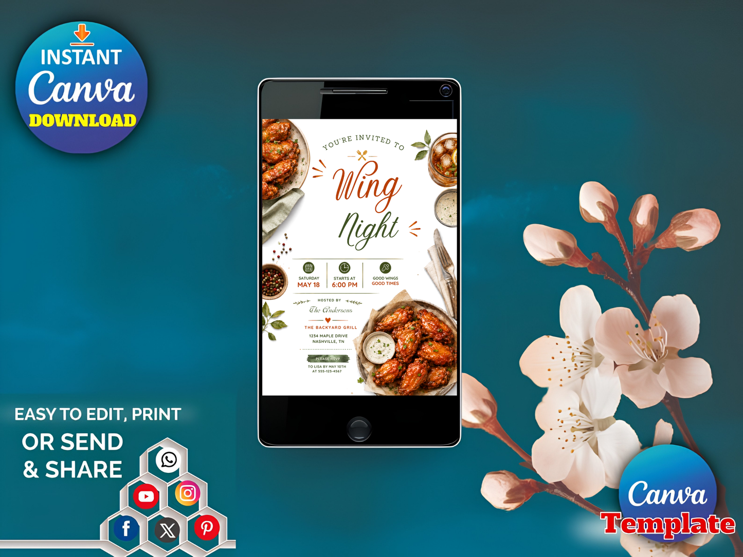 A promotional graphic for a Canva social media template featuring a smartphone centered on a teal background, with food photography on the template, floral branch illustrations on the right, and Canva branding and download callouts.