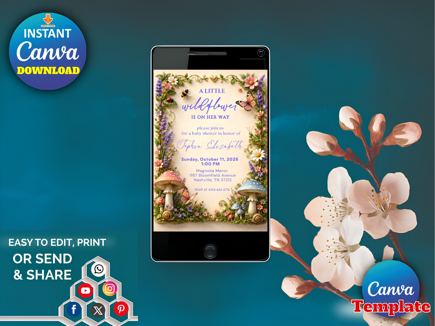 Love Bug Baby Shower Invitation, Spring Garden Shower Invite, Whimsical Floral Baby Shower Invitation, Editable Baby Shower Canva Template