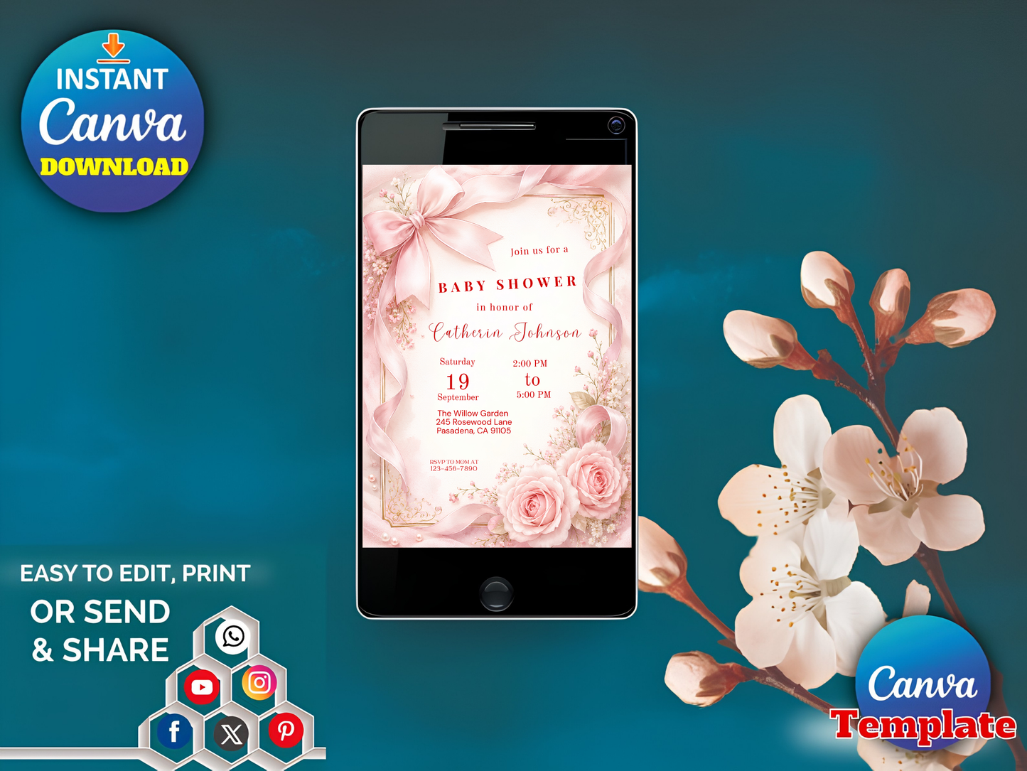 Blush Pink Bow Baby Shower Invitation Template Baby Girl Shower Canva Template Elegant Pink Coquette Baby Shower Invitation Instant Download