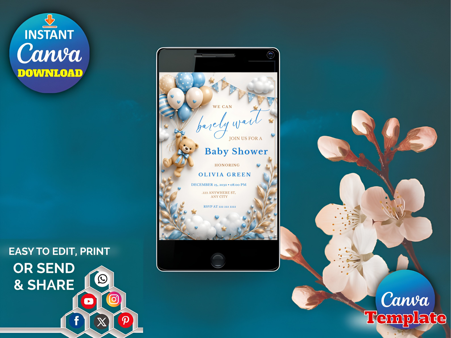 Editable Brown Bear Balloon, We Can Bearly Wait Baby Shower Invite, Teddy Bear Baby Shower, Canva Template, Instant Download
