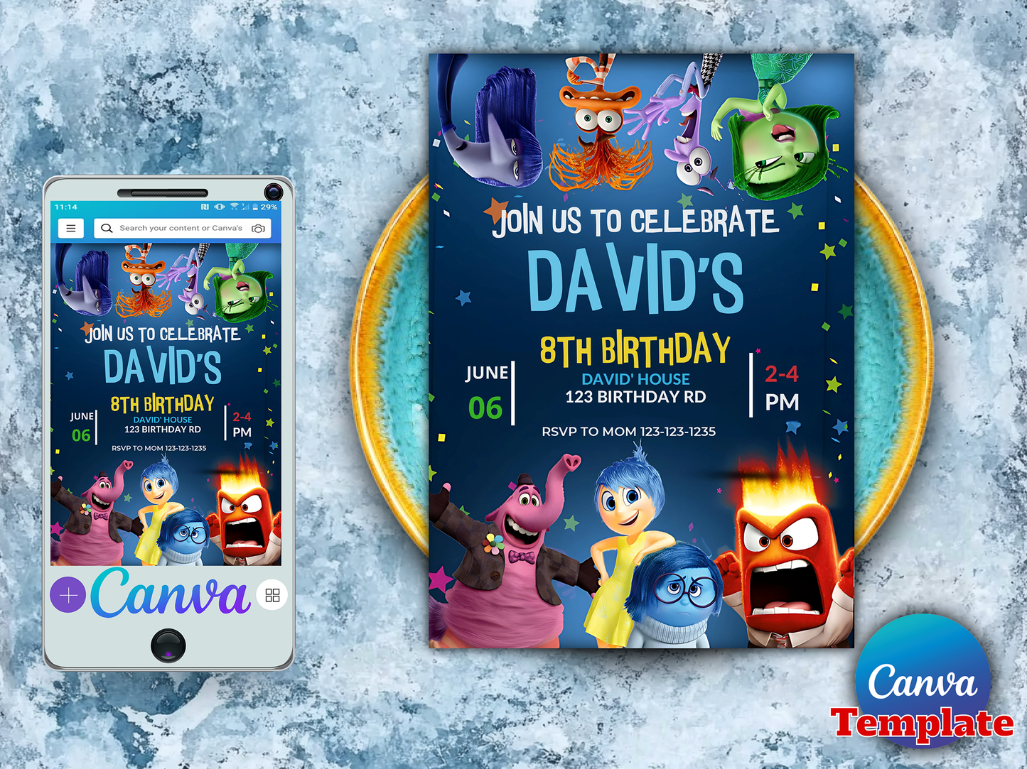 Inside Out Themed 8th Birthday Invitation Canva Template