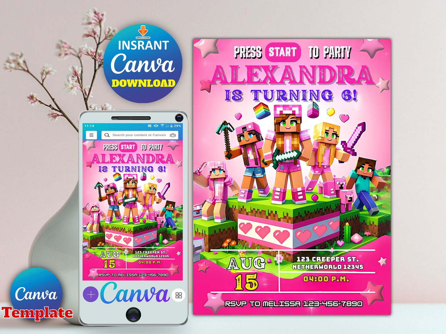 Pink Minecraft Girls Birthday Invitation Template - Editable Canva Digital Download