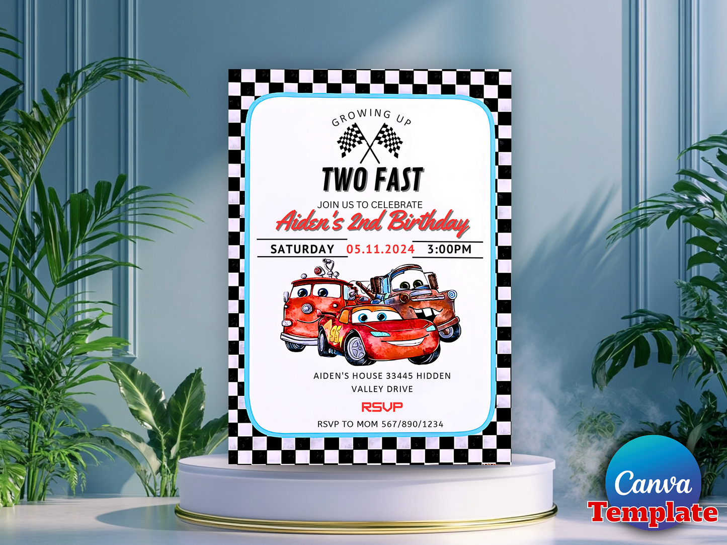 Two Fast Race Car Theme 2nd Birthday Invitation Canva Template Printable