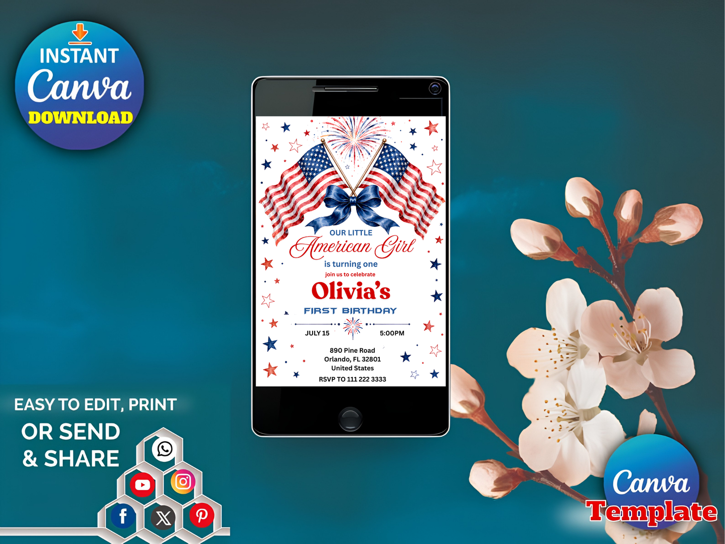 Our Little American Girl 1st Birthday Invitation Template | Editable Canva Patriotic Party Invite 🇺🇸