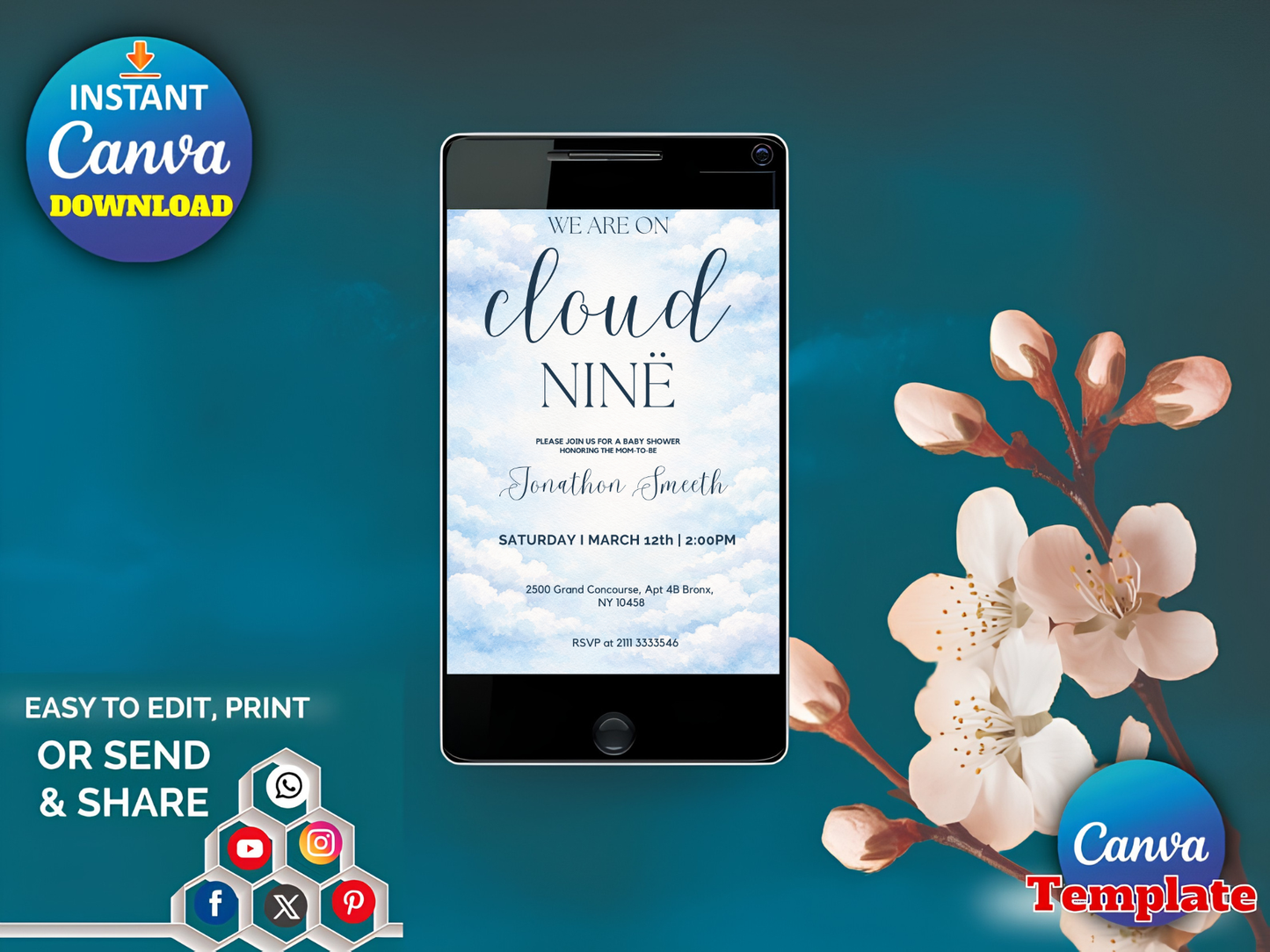 Editable On Cloud 9 Baby Shower Invitation