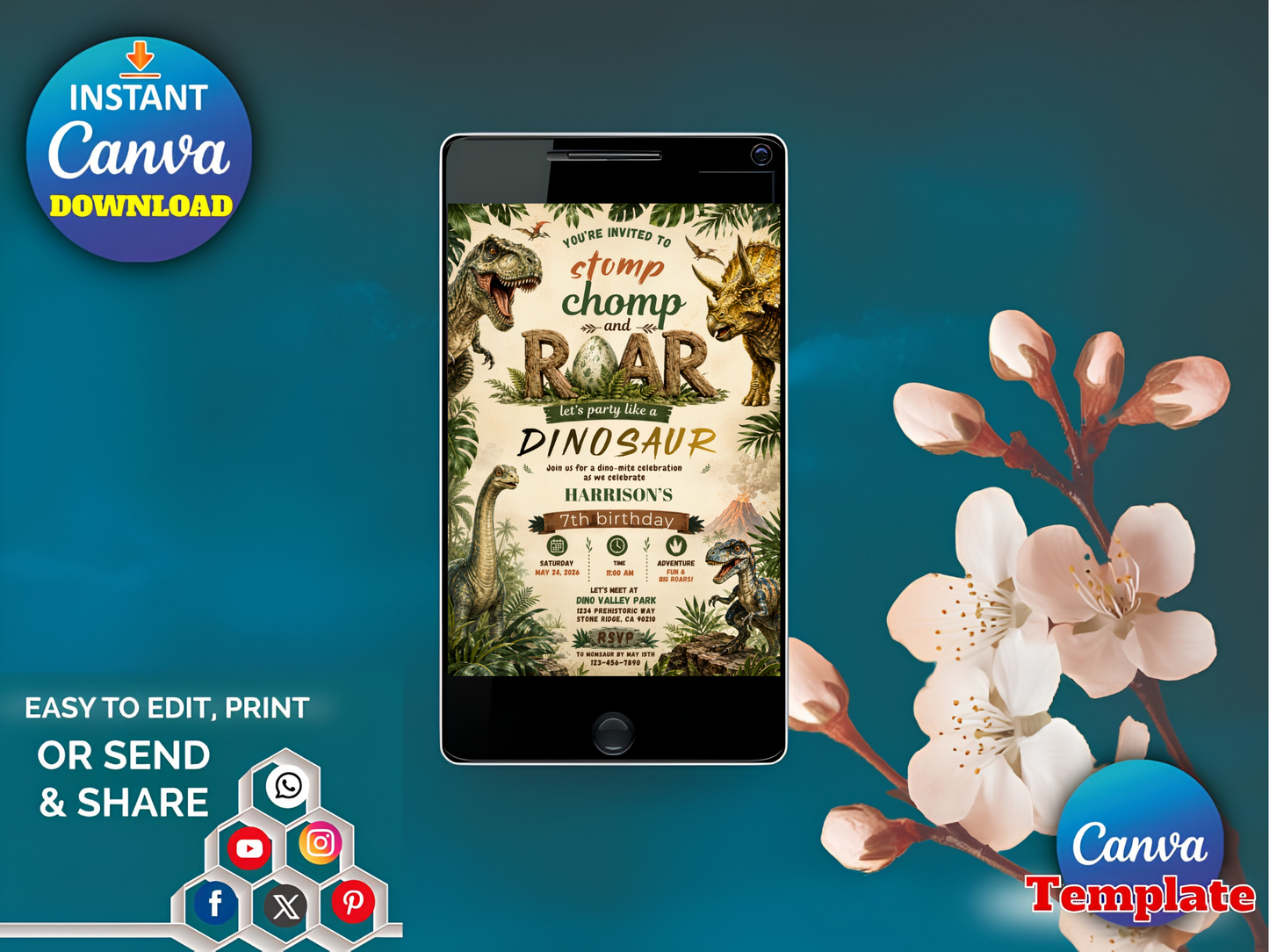 A digital Canva template preview for a dinosaur-themed birthday party invitation, shown on a smartphone screen against a teal background with floral graphics and promotional text including 'Instant Canva Download' and 'Easy to Edit, Print or Send & Share'.