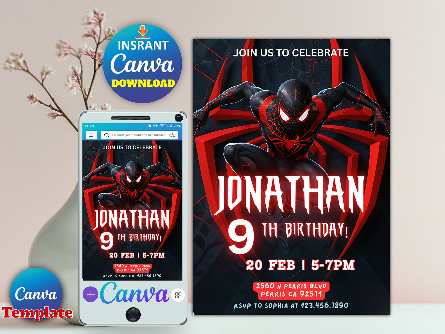 Spider-Man Miles Morales Themed 9th Birthday Invitation Canva Template