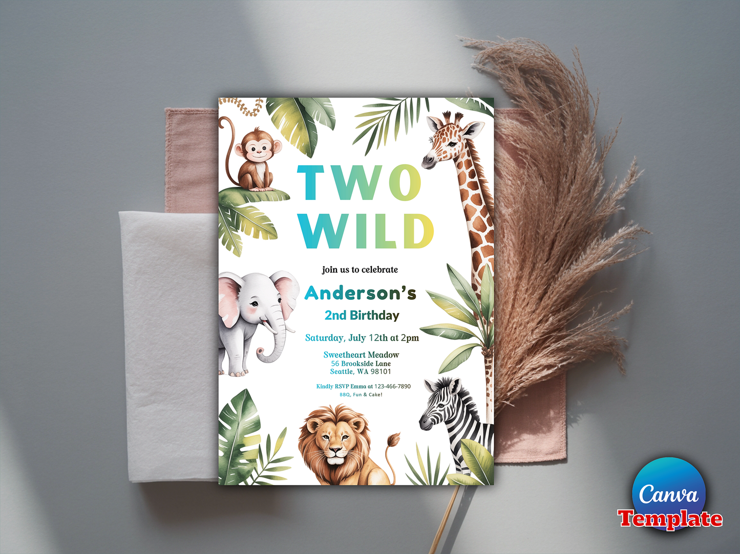 Two Wild Birthday Invitation Jungle Safari Animals Invitation Gold Safari Two Wild 2nd Birthday Party Instant Download Editable PDF File