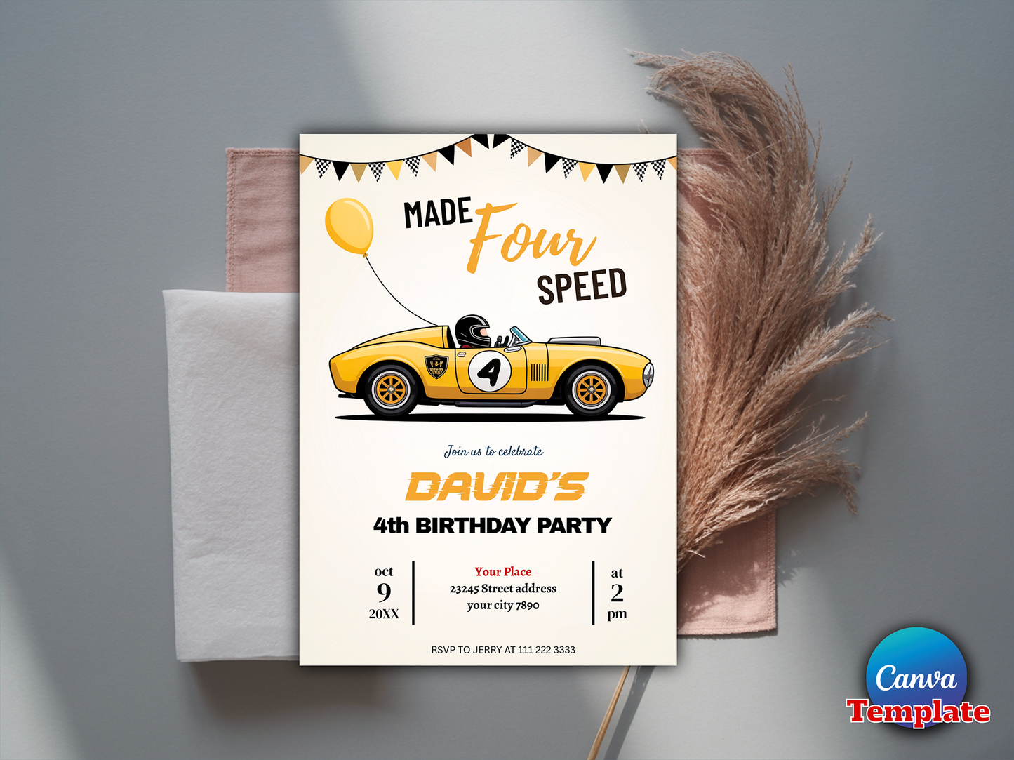 Editable Made Four Speed Race Car 4th Birthday Invitation Boy Vintage Yellow Race Car 4th Birthday Party Made 4 Speed Instant Download