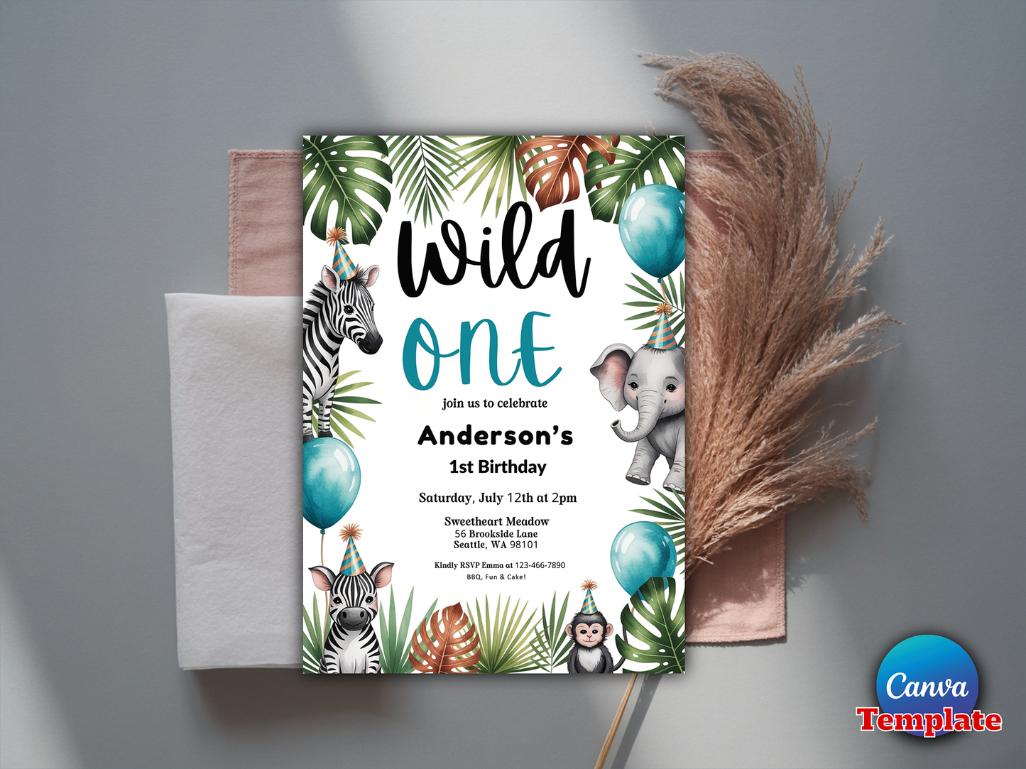 Editable Wild One Birthday Invitation Safari Animals Invite Jungle Safari Animal Party Modern Monochrome Safari Party Instant Download