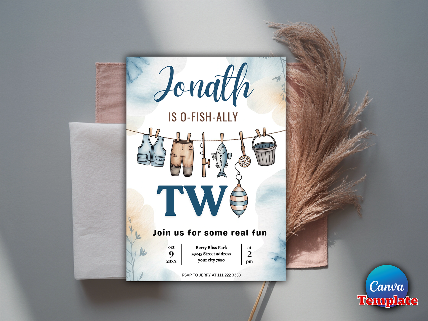 Editable Fishing 2nd Birthday Party Invitation O-Fish-Ally Two Boy 2nd Birthday Fisherman Party Gone Fishing Party Instant Download