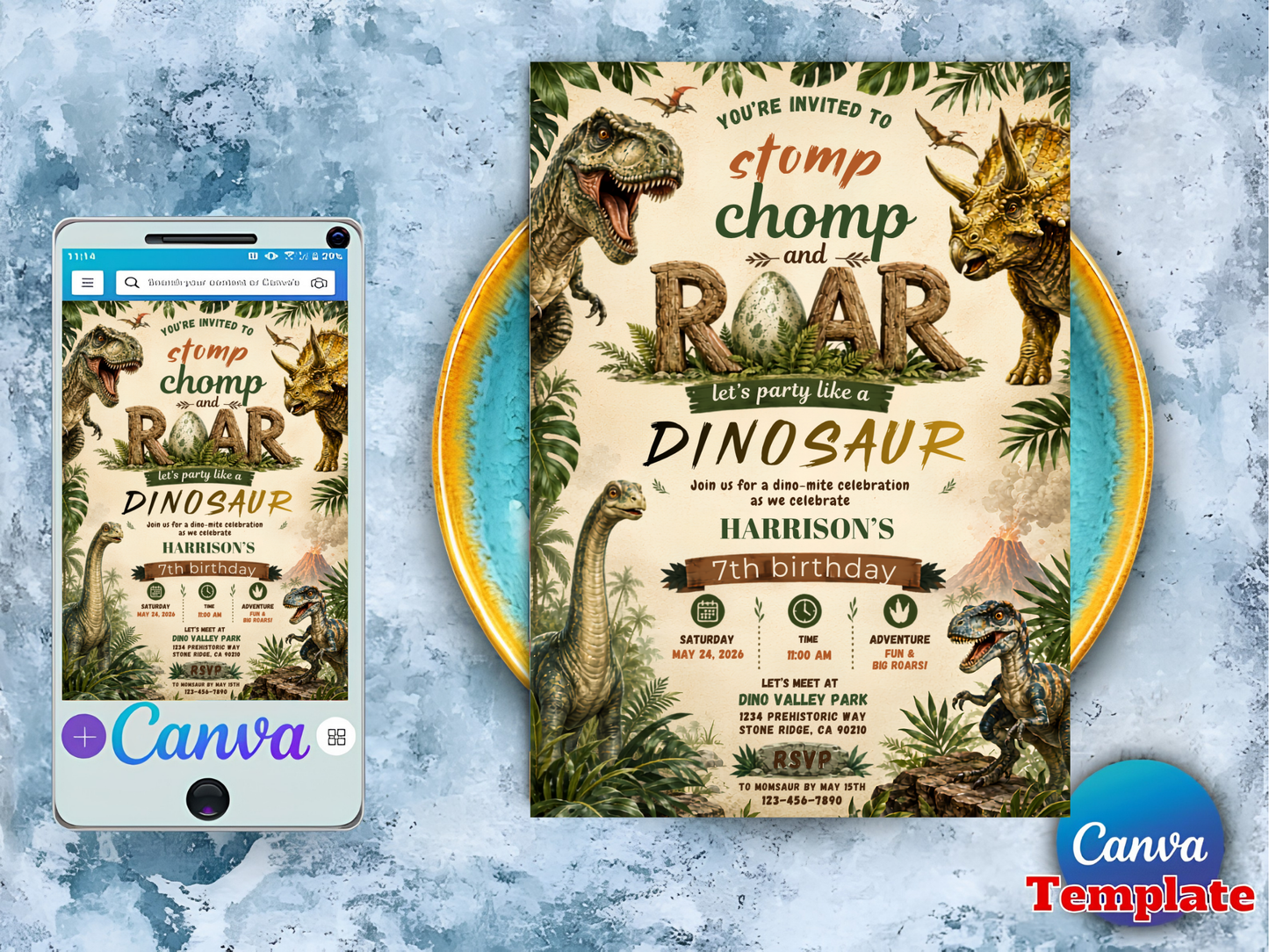 A dinosaur-themed birthday invitation template shown on a phone screen next to the full printed design, with a Canva logo and Canva Template watermark on a textured icy blue background.
