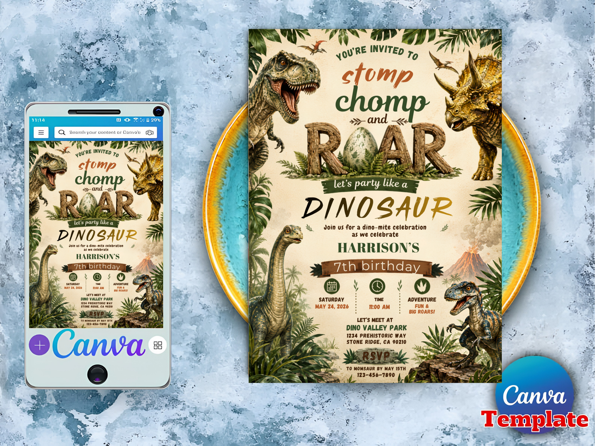 A dinosaur-themed birthday invitation template shown on a phone screen next to the full printed design, with a Canva logo and Canva Template watermark on a textured icy blue background.