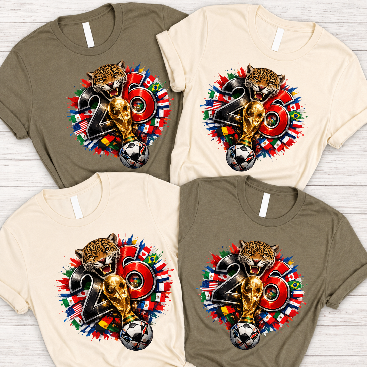 Fierce 2026 World Cup Jaguar Mascot T-Shirt - Global Flags & Trophy Soccer Fan Graphic Tee(physical)