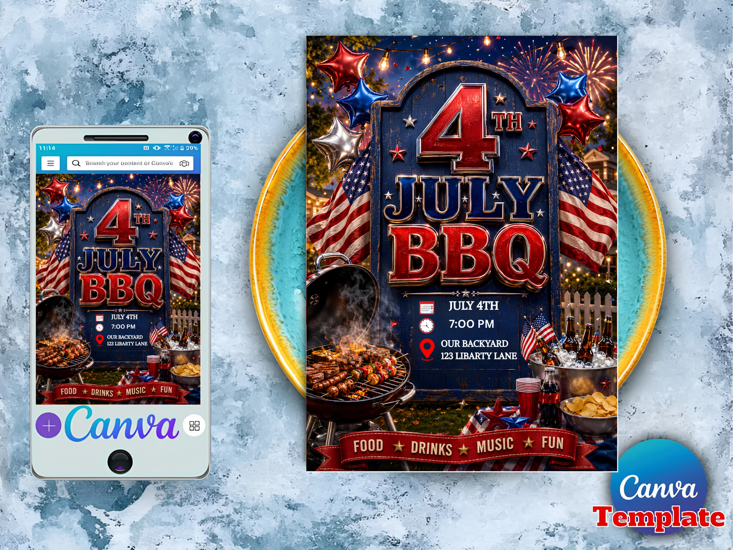 Editable 4th of July Party Invitation Template | USA Independence Day Fireworks Invite Canva