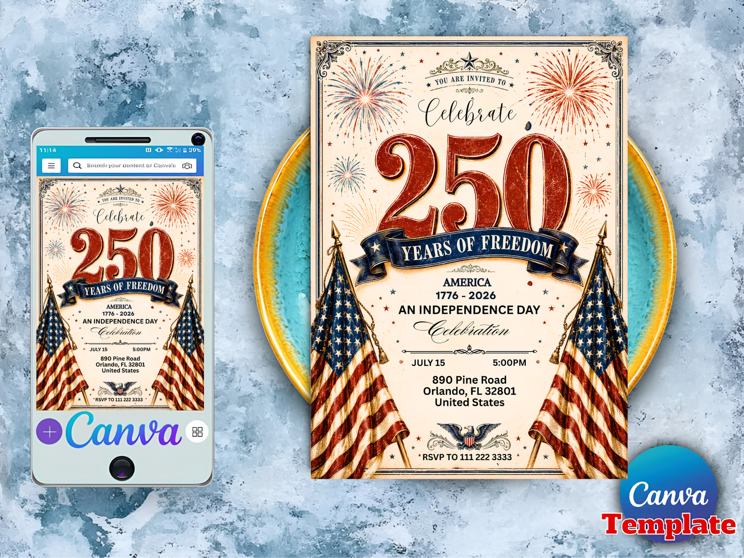 America 250 Party Invite, 4th of July Invitation, Patriotic BBQ, 250 Years of Freedom Celebration, Editable Canva Template