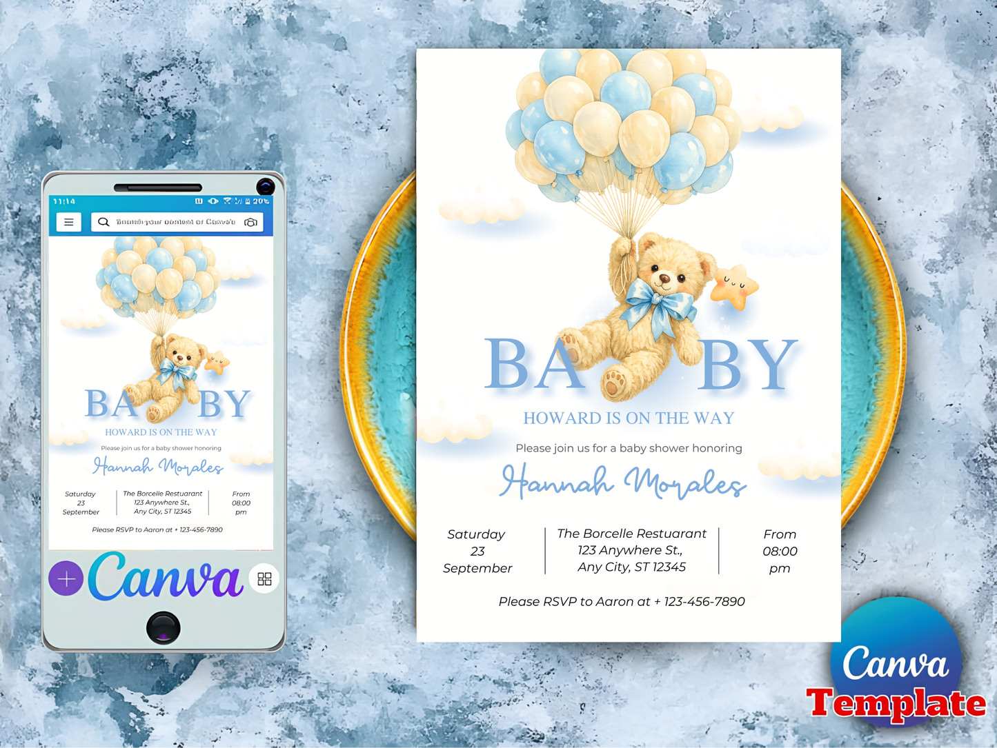 Editable Brown Bear Balloon Baby Shower Invitation, We Can Bearly Wait Baby Shower Invite, Blue Boy Boho Bear Baby Shower Canva Digital