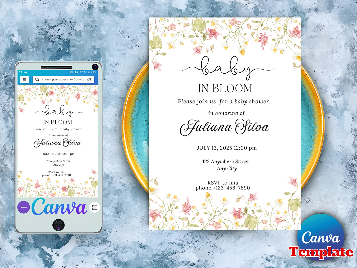 Editable Baby in Bloom Baby Shower Invitation, Wildflower Baby Shower Invite, Pink Spring Flowers Baby Shower Invitation, Canva Template