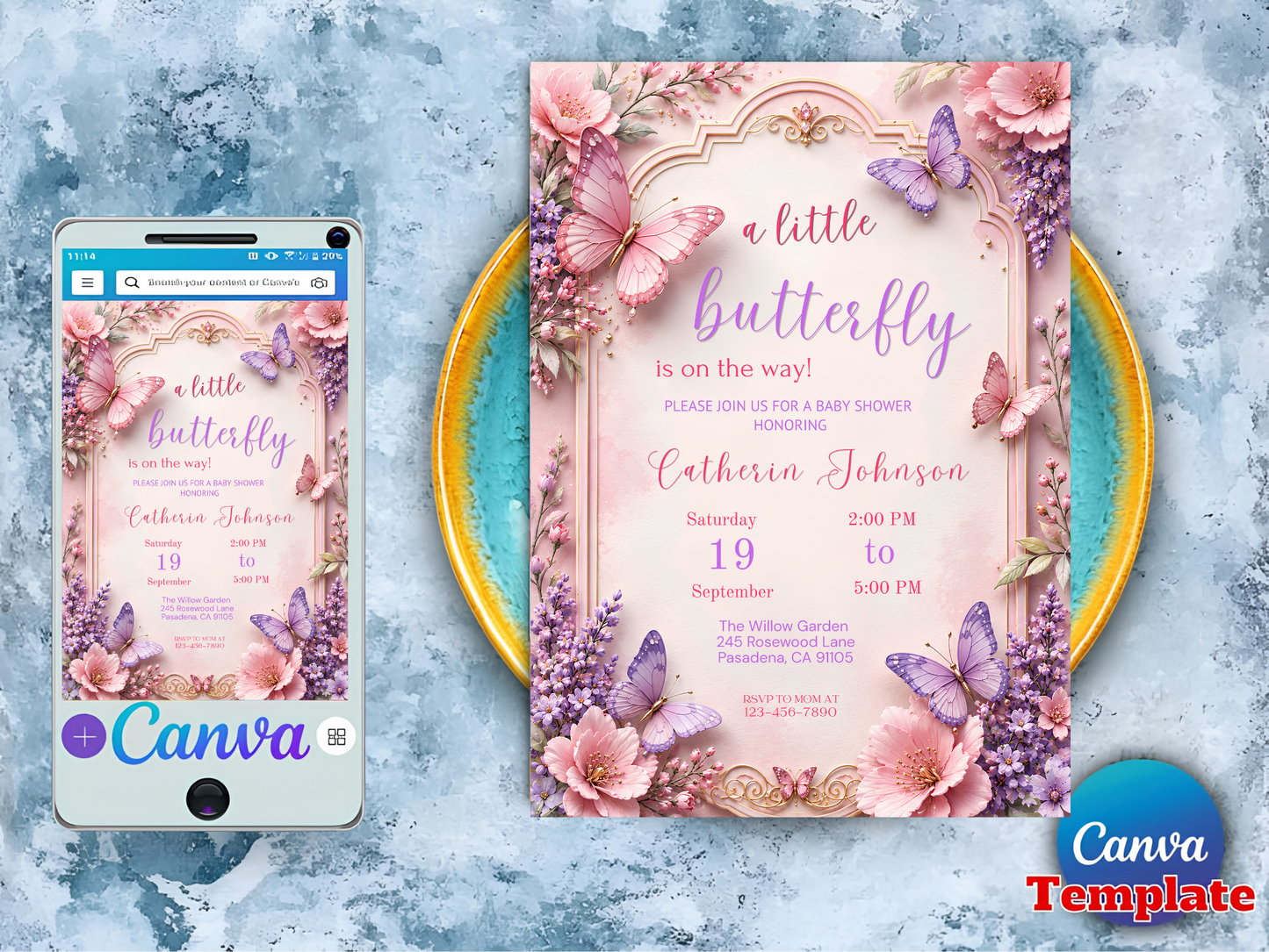 Butterfly Baby Shower Invitation Editable Template, Pink Purple Floral Butterfly Invite, Girl Baby Shower, Canva Template