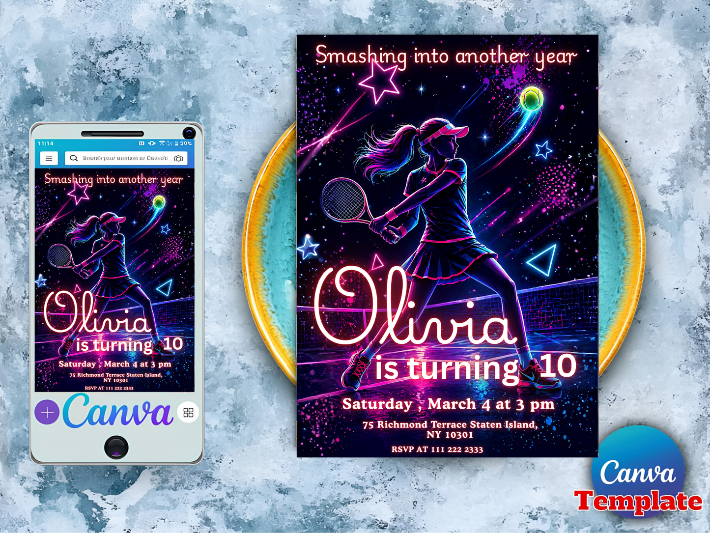 Tennis Birthday Invitation, Neon Girl Tennis Invitation, Girl Sports Party Invite, Tennis Theme Birthday Party, Editable Canva Template