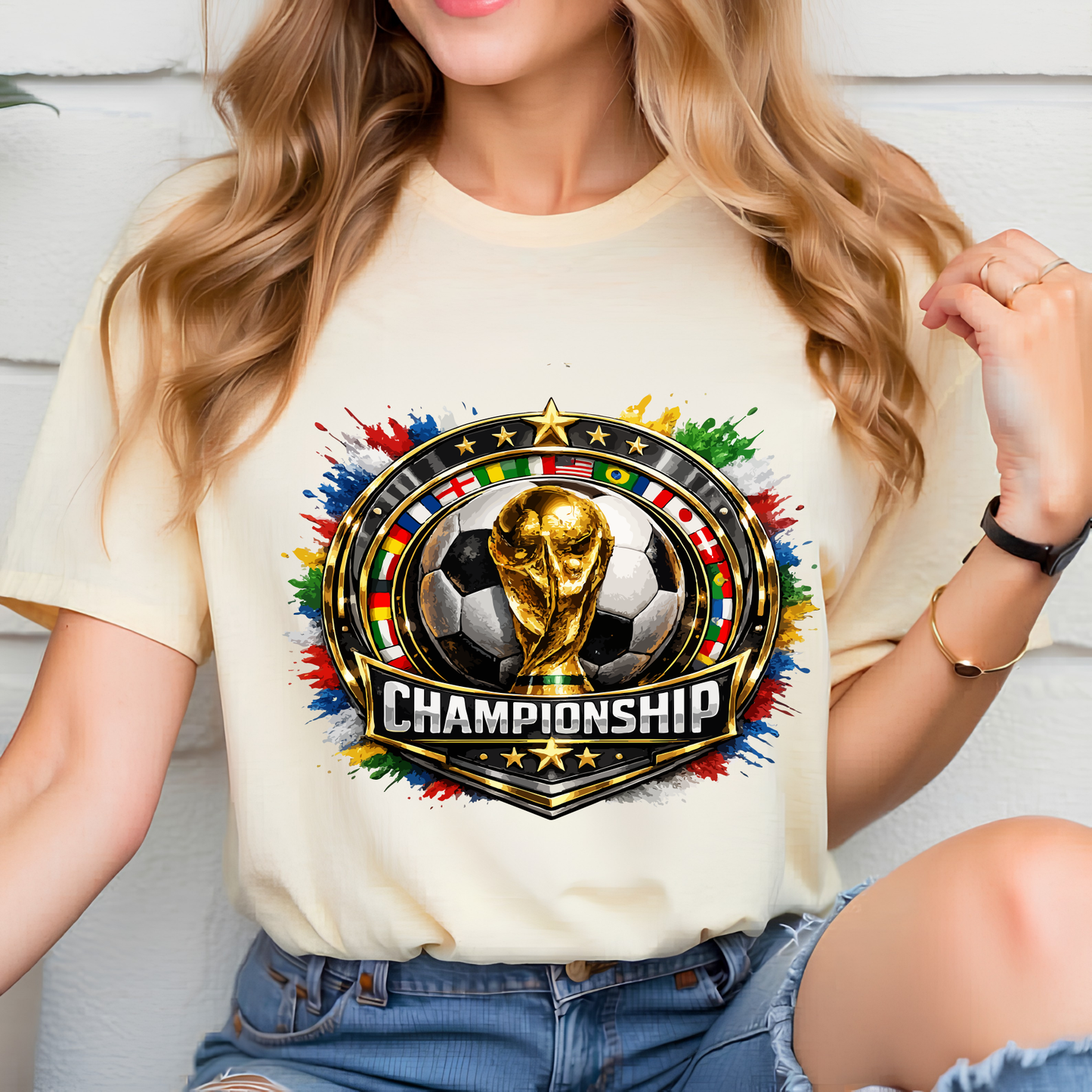 World Cup Soccer Championship Gold Emblem T-Shirt - Global Football Fan Graphic Tee (physical)