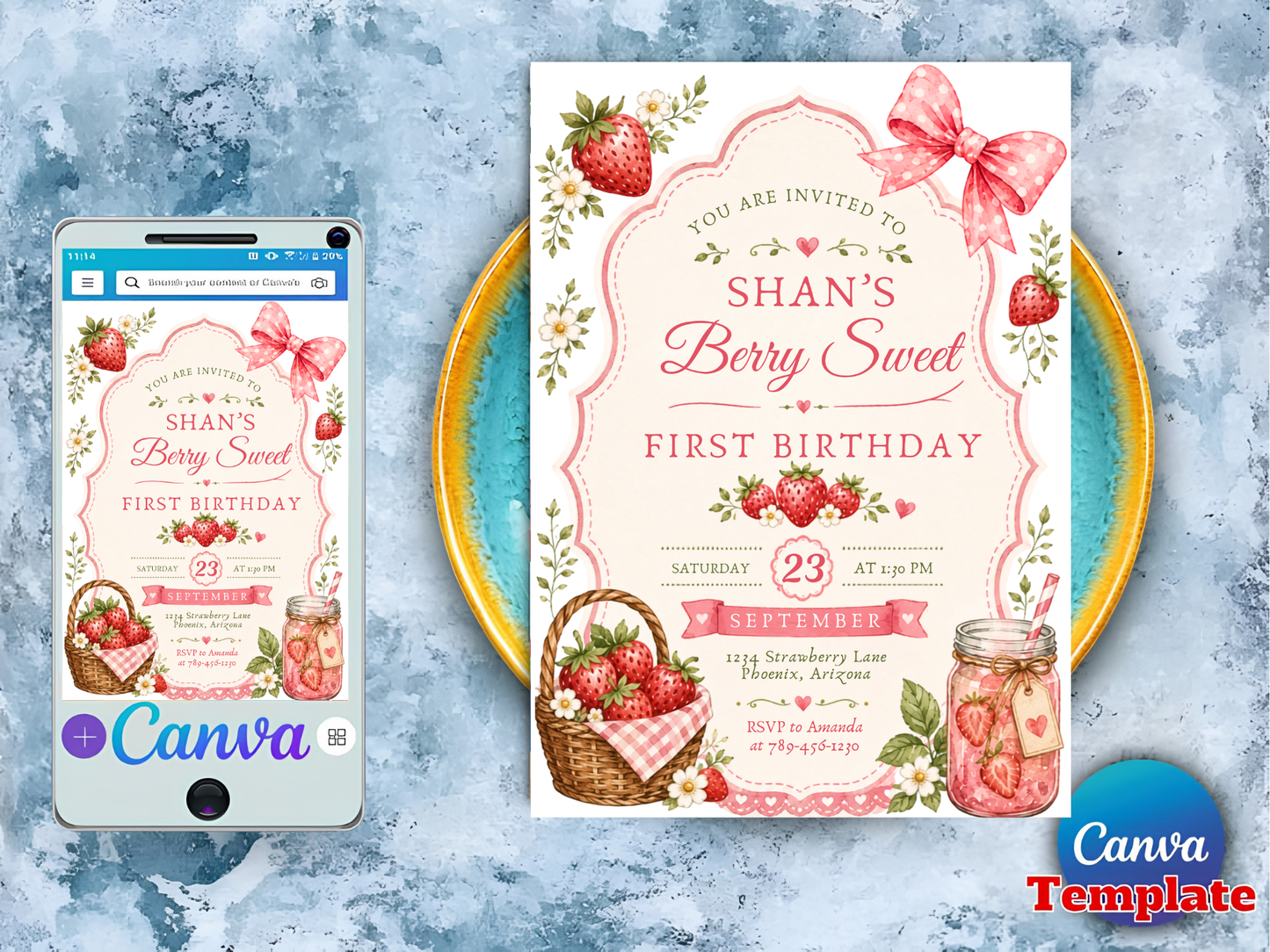 Berry Sweet First Birthday Invitation Template, Strawberry Editable Invite, Girl 1st Birthday Canva Template, Instant Download