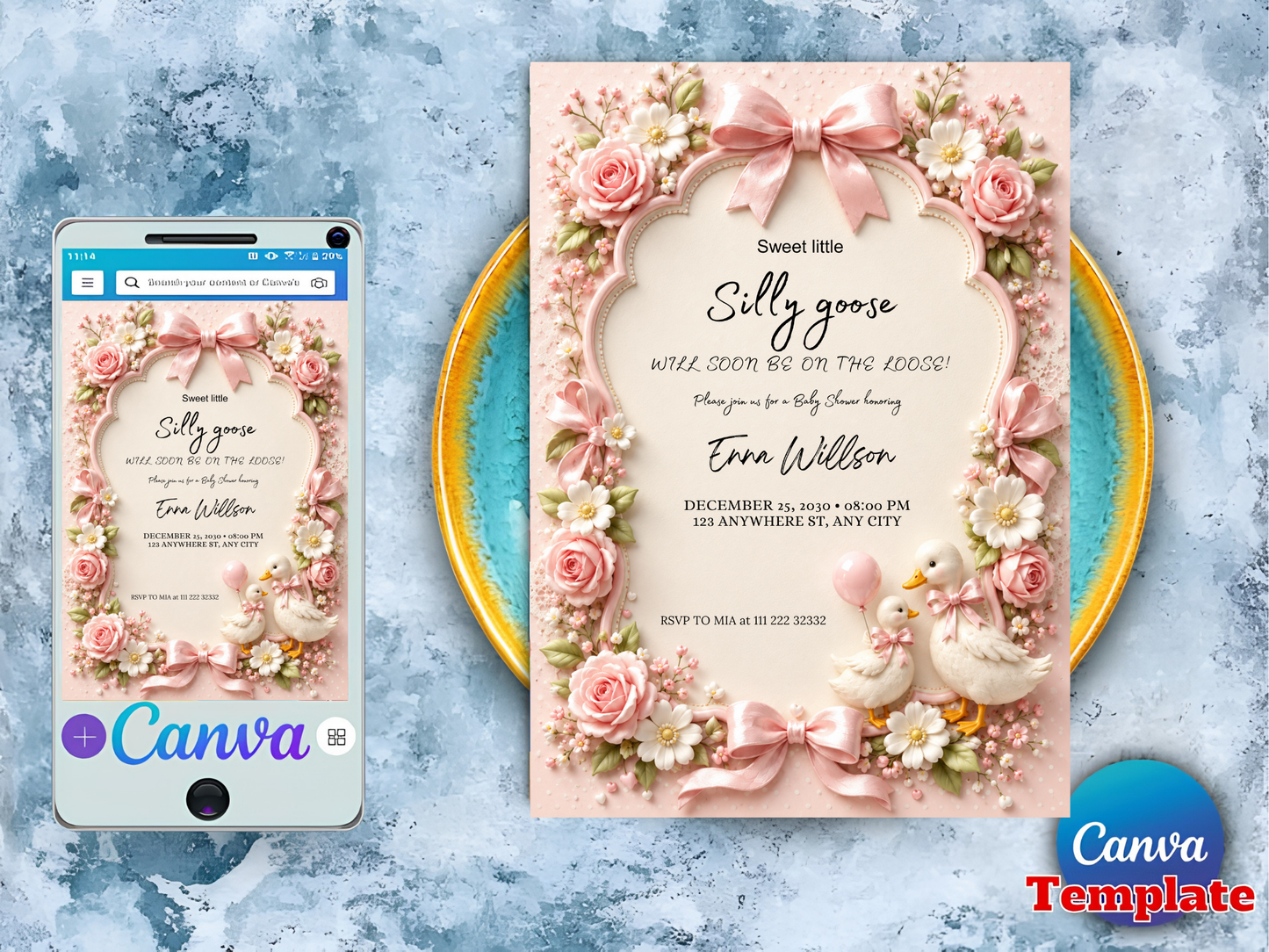 Silly Goose Girl Baby Shower Invitation: Coquette Pink Bow Goose Digital Download (5"x7" Editable Template)