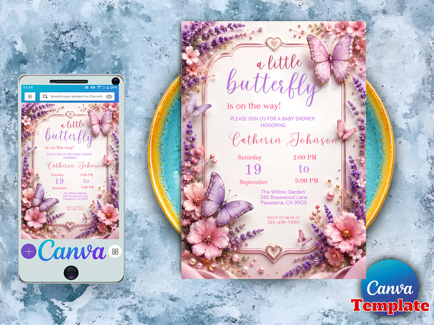 Editable Butterfly Baby Shower Invitation for Girl, Watercolor Floral Canva Template