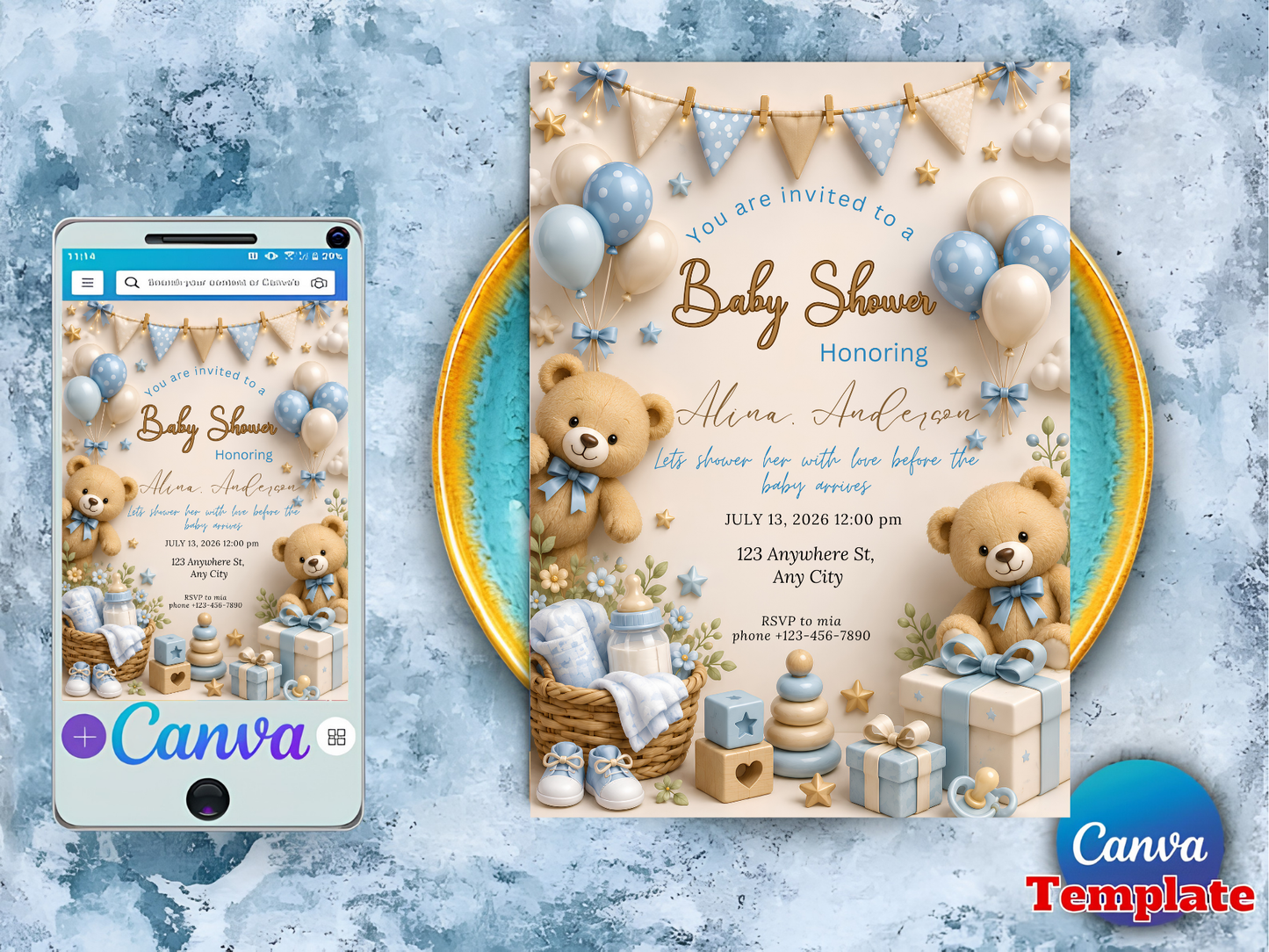 Baby Shower Invitation Template, Editable Canva Baby Shower Invite, Teddy Bear Baby Shower Invitation, Blue Boy Shower, Instant Download