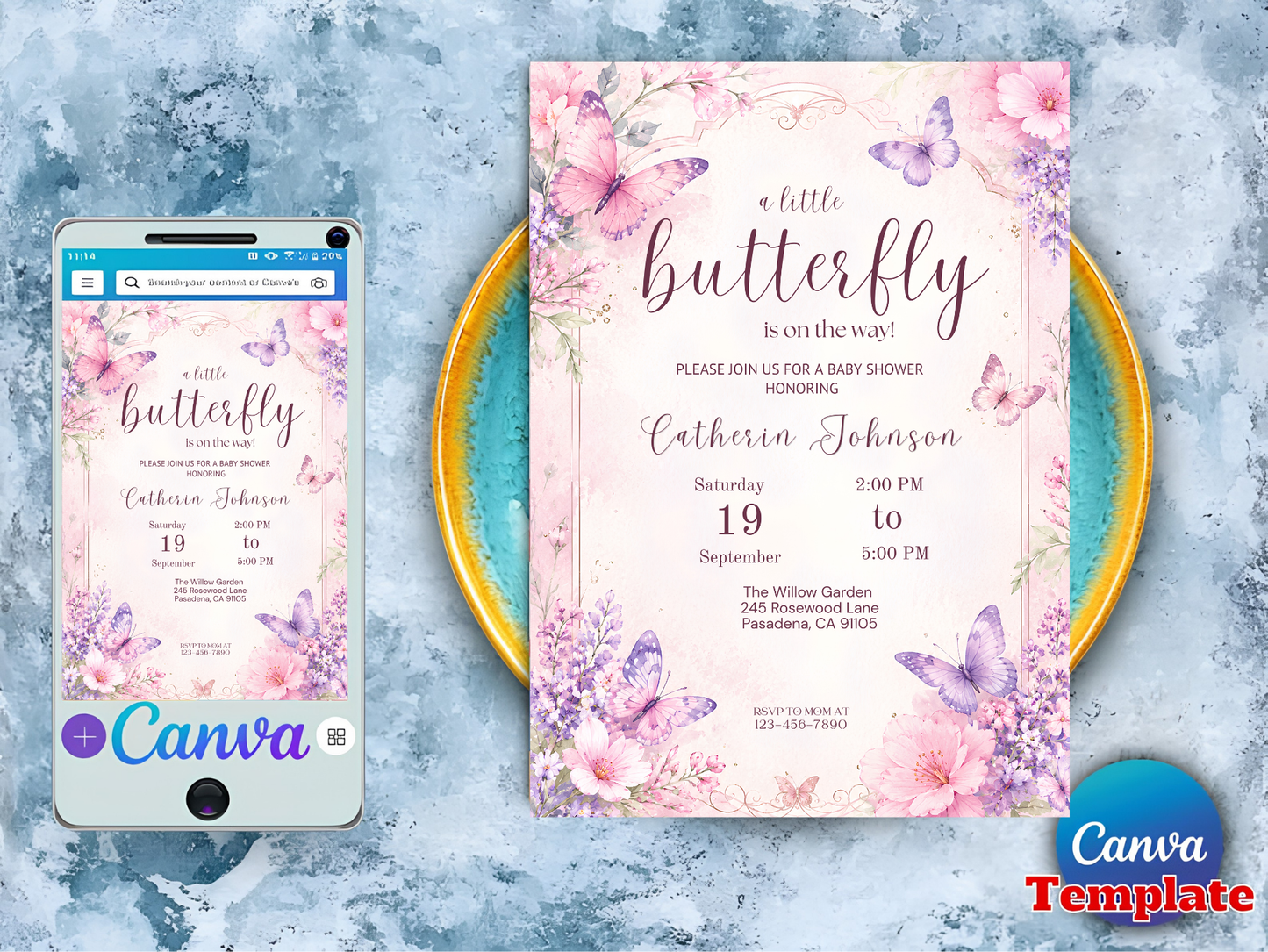 Butterfly baby shower invitation pink floral & mobile editable Canva template