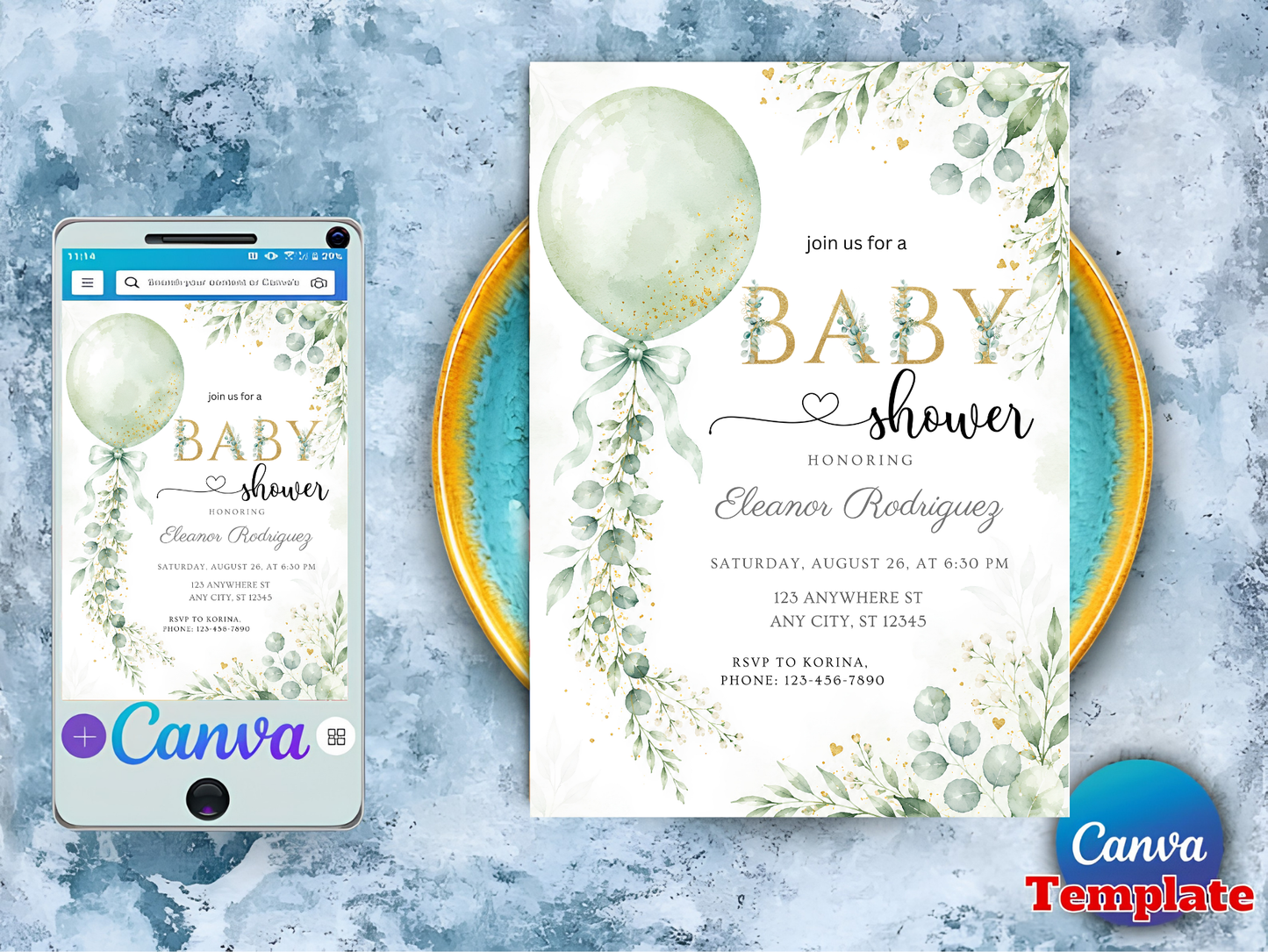 Greenery Baby Shower Invitation Editable Template, Sage Green Balloon Eucalyptus Invite, Gold Glitter Baby Shower, Canva Template