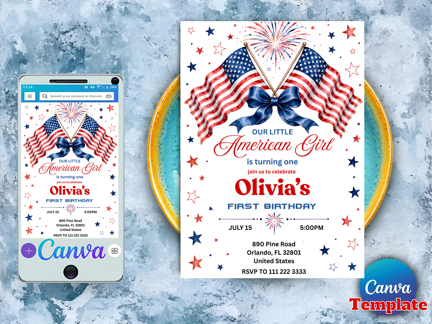 Our Little American Girl 1st Birthday Invitation Template | Editable Canva Patriotic Party Invite 🇺🇸