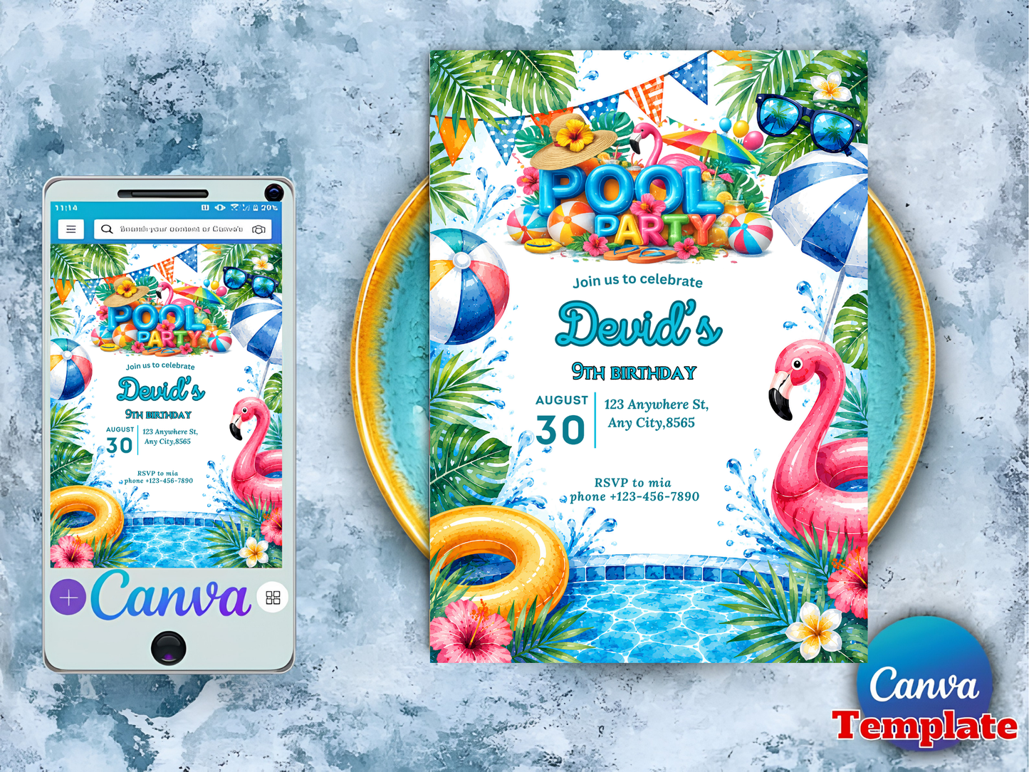 Pool Party Birthday Invitation, Pool Party Invite, Summer Pool Party, Pool Party Birthday, Teenage Birthday, Editable Canva Template