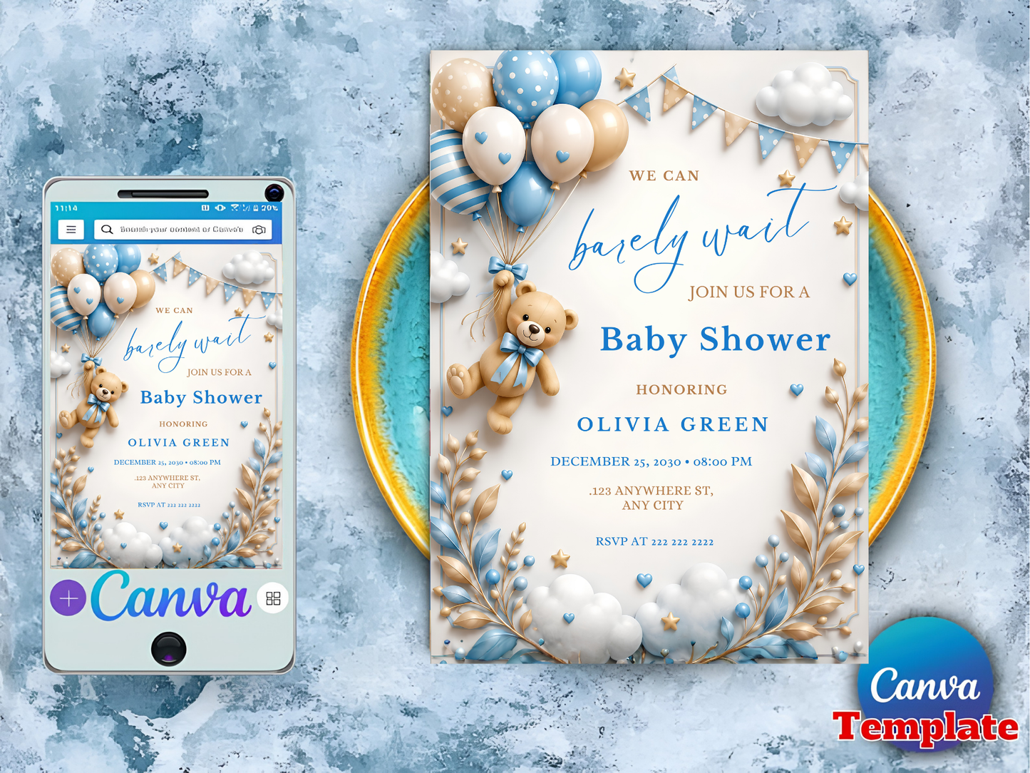 Editable Brown Bear Balloon, We Can Bearly Wait Baby Shower Invite, Teddy Bear Baby Shower, Canva Template, Instant Download