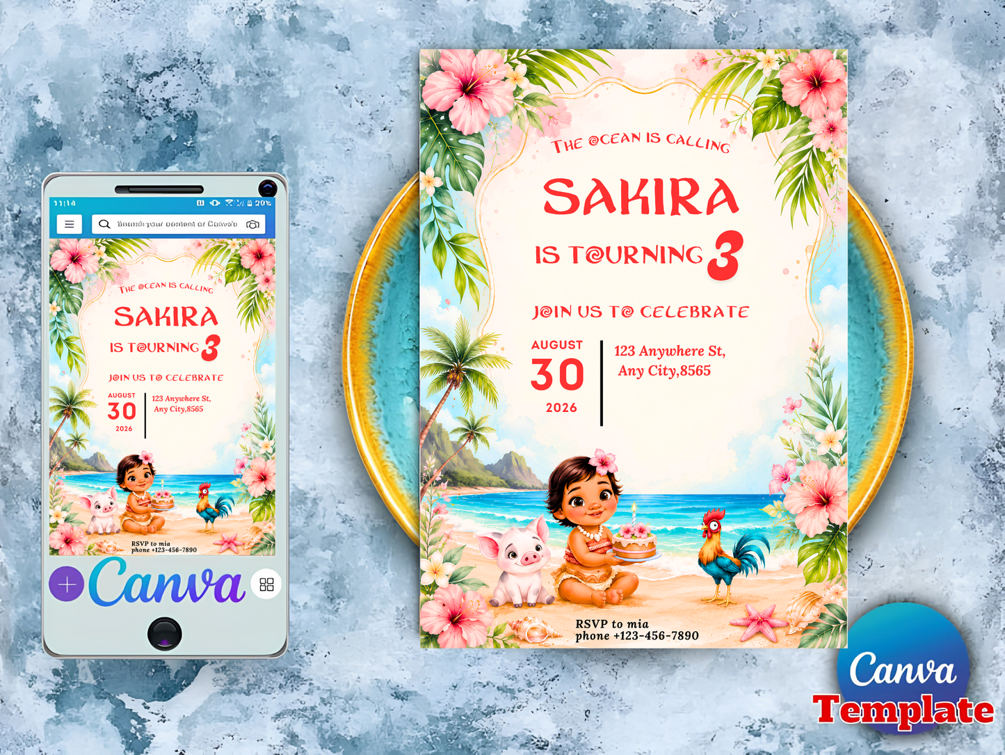 The Ocean Is Calling Birthday Invitation Girl, Polynesian Princess Beach Invite, Luau Birthday Canva Template Digital Download
