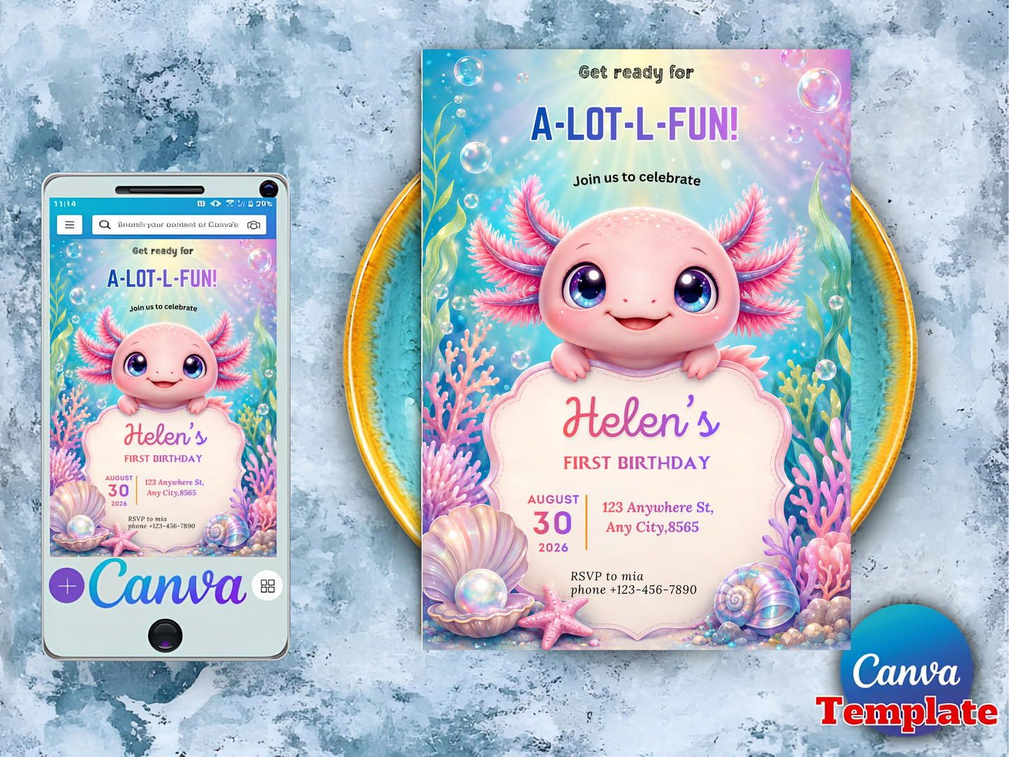 Axolotl Birthday Invitation Girl, A-Lot-L-Fun Underwater Invite, Cute Pink Axolotl 1st Birthday Canva Template Digital Download