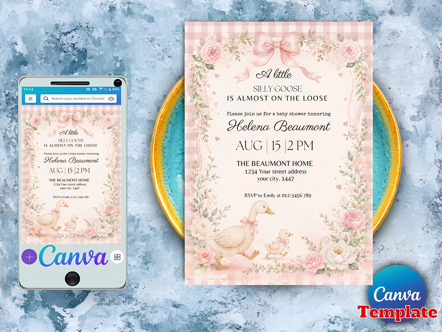 Silly Goose Baby Shower Invitation Template, Pink Gingham Girl Baby Shower Invite, Silly Goose Invite, Digital Invitation, Canva