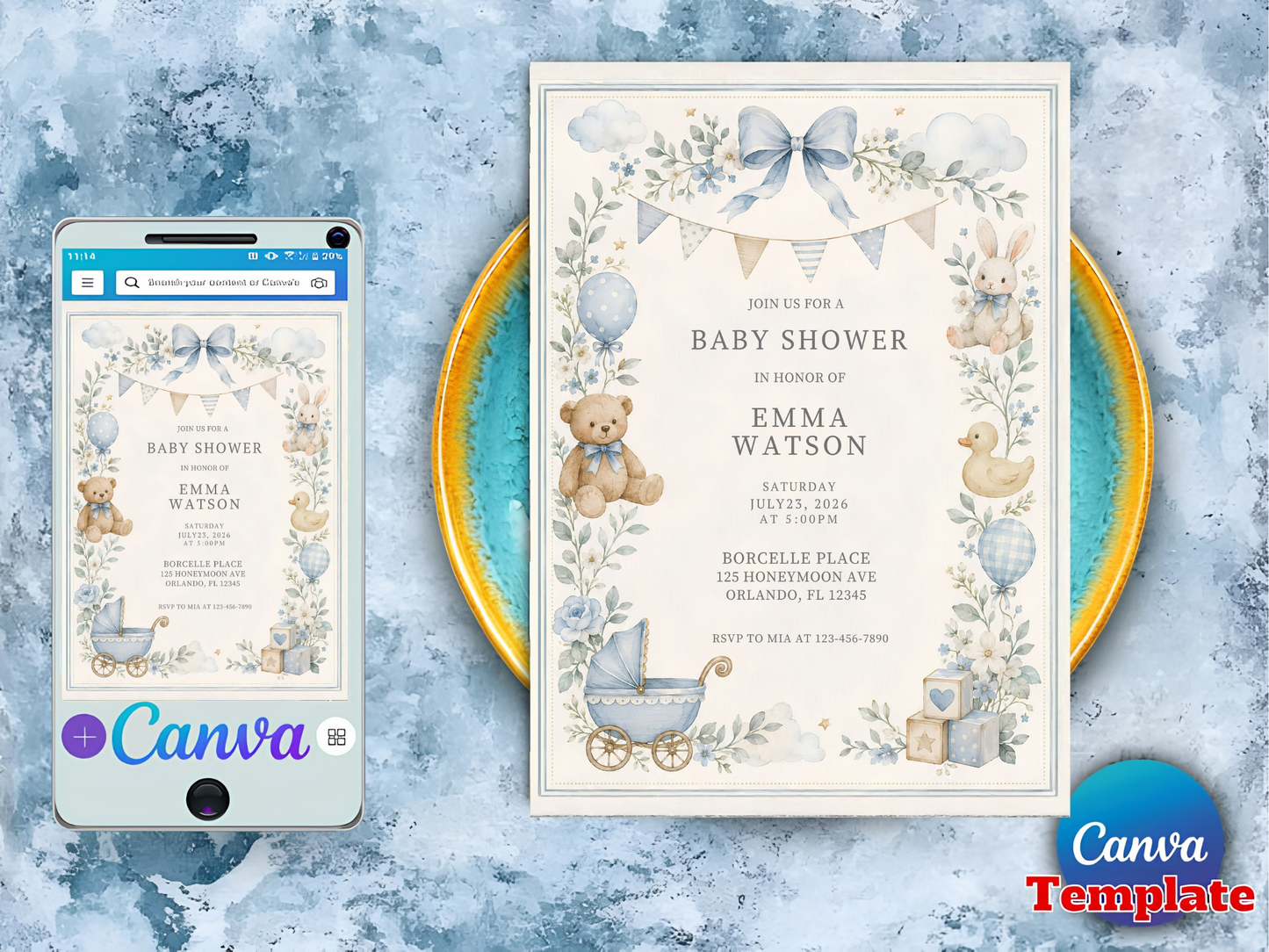 Blue Baby Shower Invitation Template, Vintage Nursery Toys Invite, Teddy Bear Rocking Horse, Floral Editable Printable Download