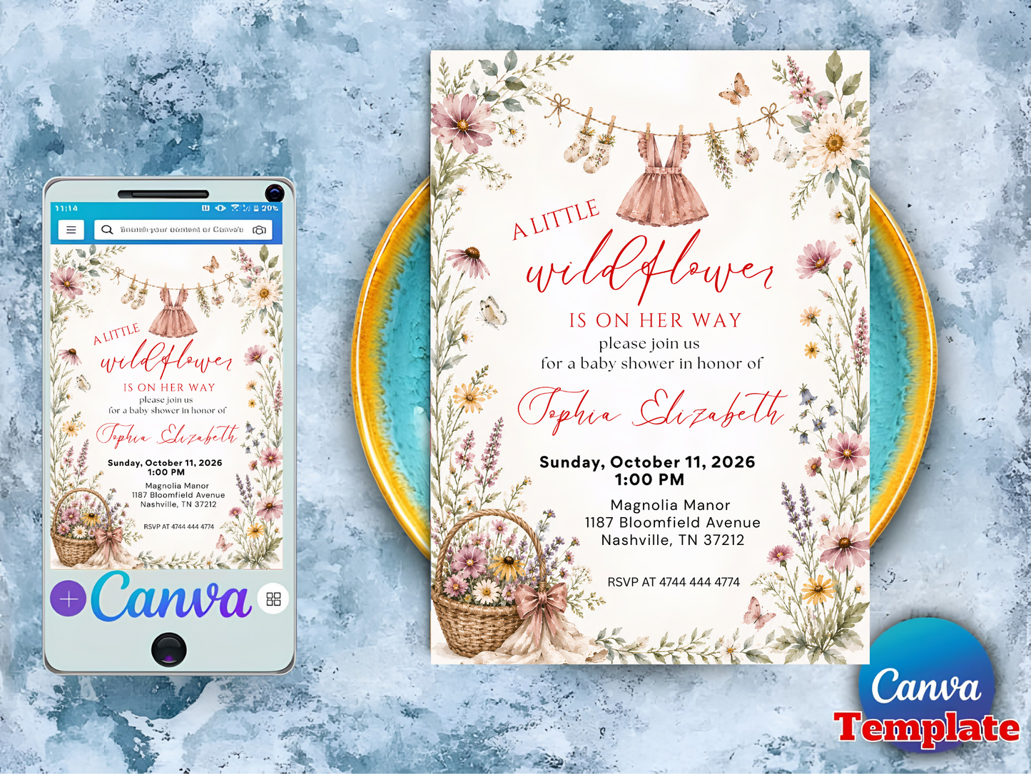 A Little Wildflower Baby Shower Invitation, Dress Wildflower Baby Shower Invite, Baby in Bloom, 5x7", Canva Template