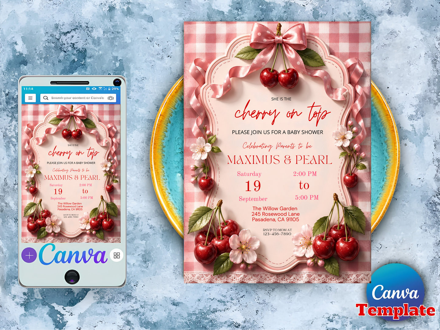Editable She Is The Cherry On Top Baby Shower Invite | | Pink Gingham + Bow Canva Template (Digital Download)