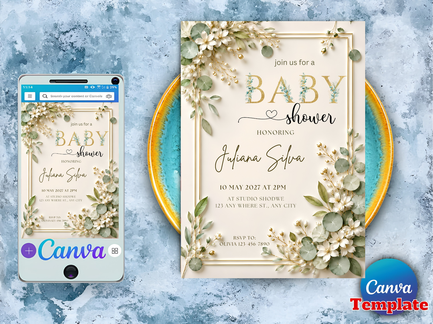 EDITABLE Elegant Baby Shower Invitation Green Leaves and Gold Baby Invite White Flowers Baby Shower Simple Baby Shower Invitation