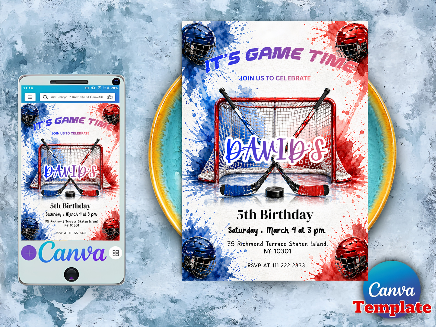 Hockey Birthday Invitation, Ice Hockey Party Invite, Printable Sports Theme, Editable Digital Download, Canva Template