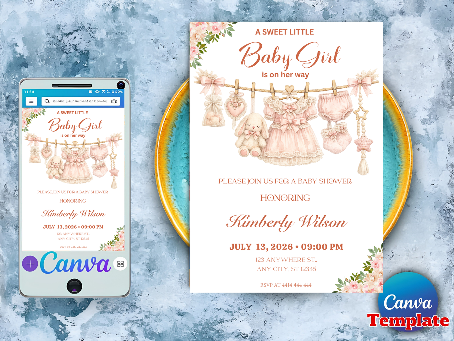 Boho Girl Clothesline Baby Shower Invitation, Boho Baby Clothes Invitation, Instant Download, Digital Template, Editable Canva