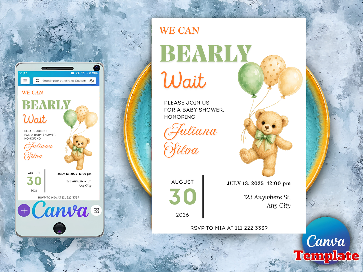 We Can Bearly Wait Baby Shower Invitation | Watercolor Teddy Bear, Sage Balloons | Digital Download | Prints