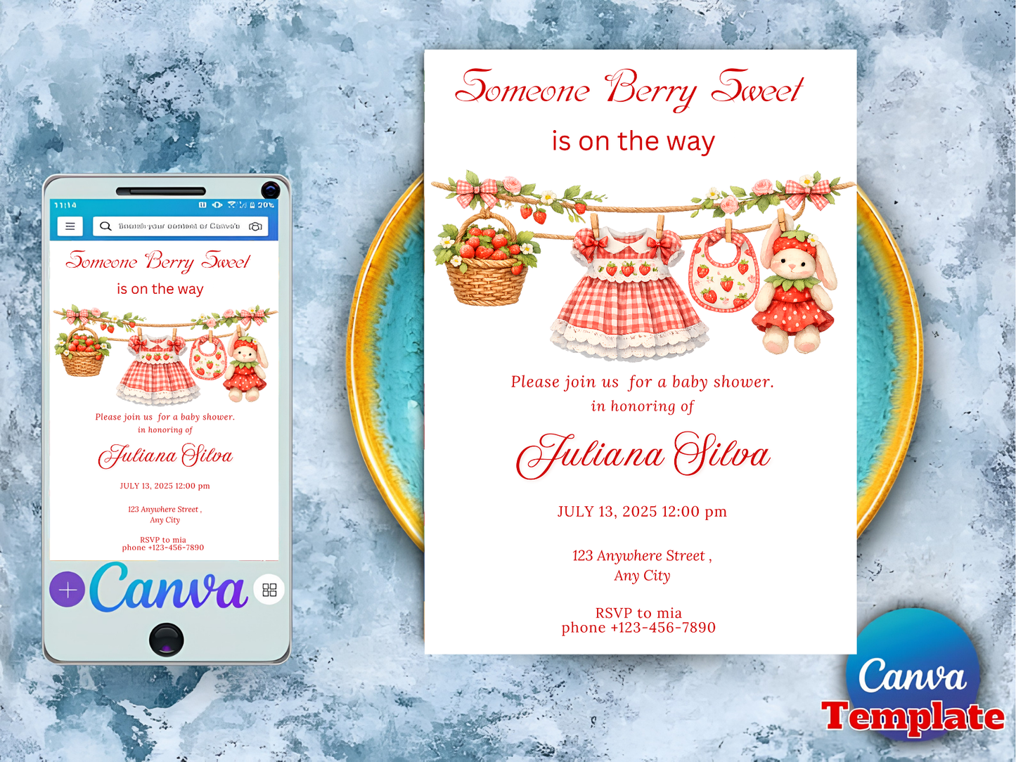 Berry Sweet Baby Shower Invitation Template, Strawberry Editable Invite, Girl Baby Shower Canva Template, Instant Download, Berry Theme
