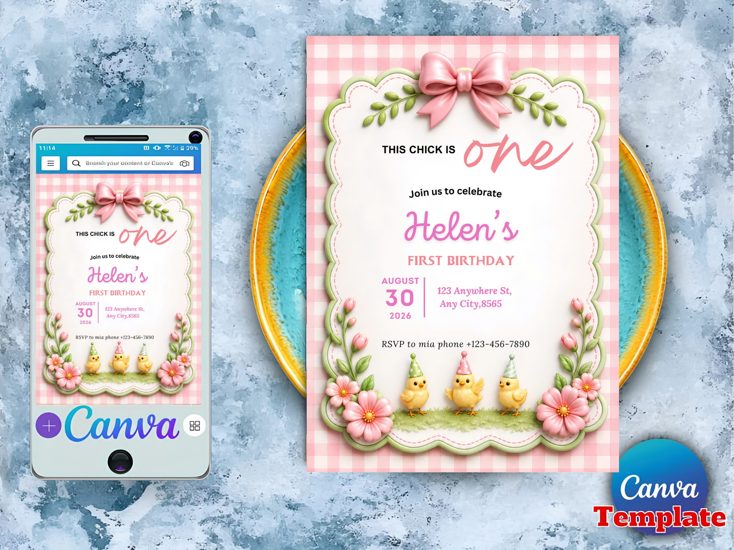 This Chick Is One Invitation – Baby Chick Girl 1st Birthday Editable Canva Template