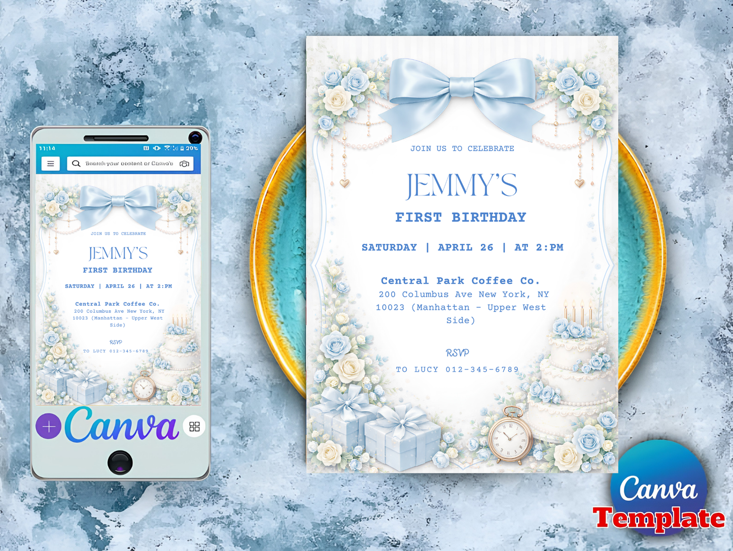 Editable Elegant Blue Rose 1st Birthday Invitation Template | Coquette Blue Bow Party Invite (Degital Template)