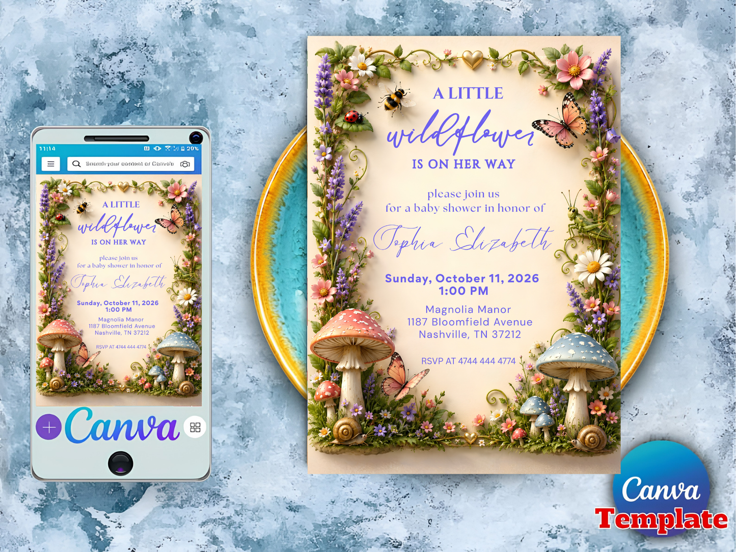 Love Bug Baby Shower Invitation, Spring Garden Shower Invite, Whimsical Floral Baby Shower Invitation, Editable Baby Shower Canva Template